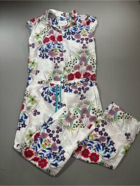 The Cat's Pajamas Set, Cotton Button Down Cap Sleeve Top + Ankle Pants - Small